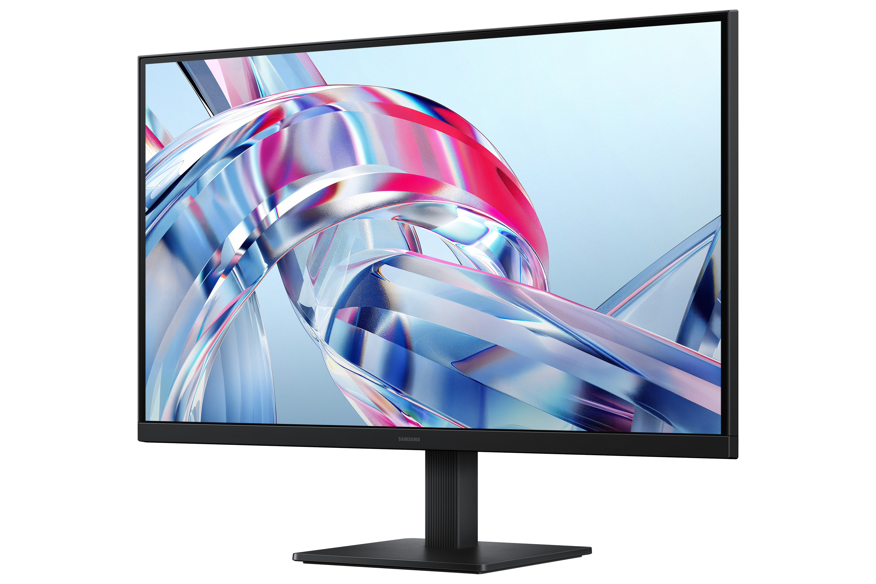 Un monitor nero mostra un vortice astratto e colorato di forme rosse e blu su uno sfondo azzurro.