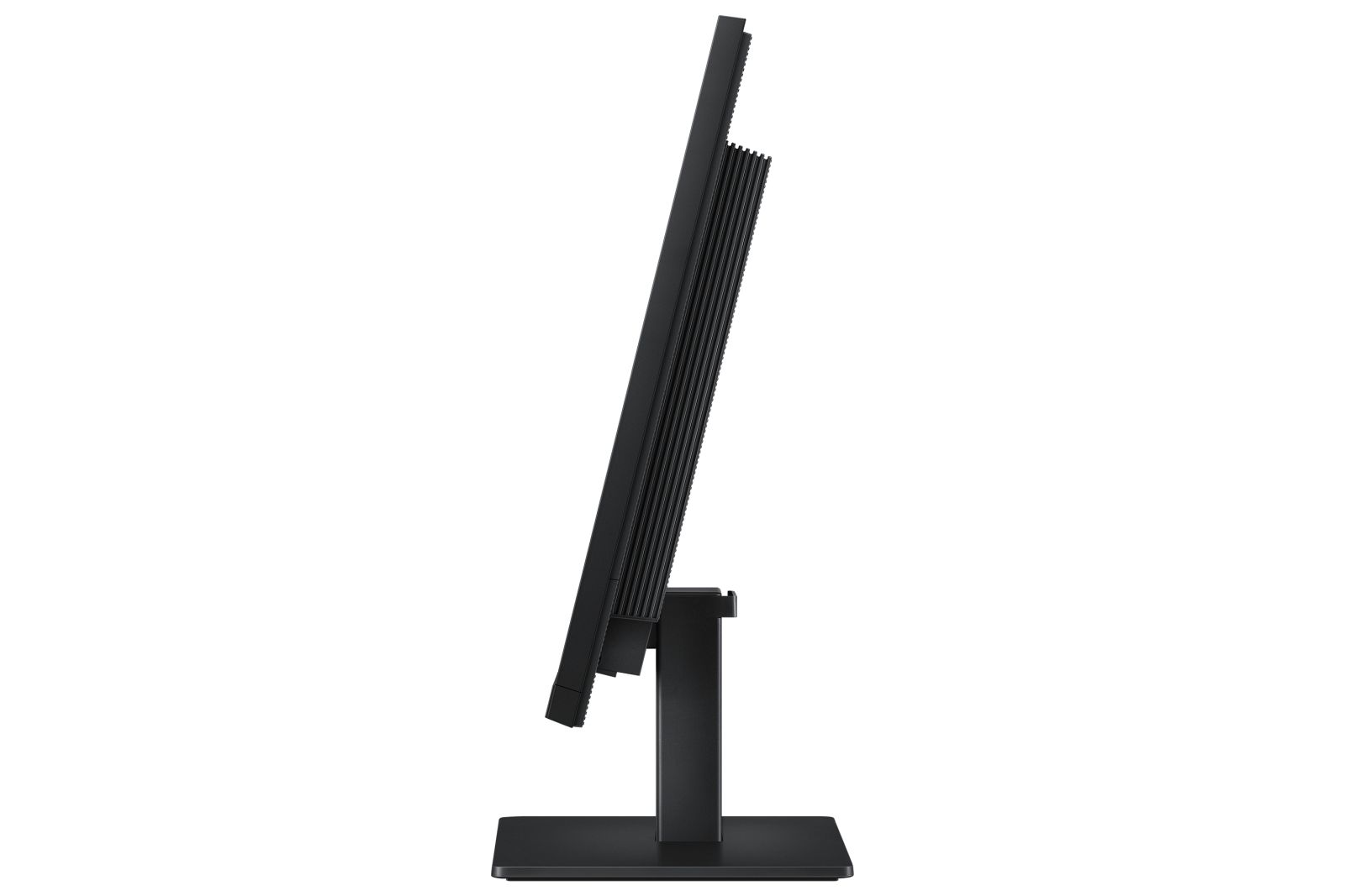 Vista laterale di un monitor per computer nero su supporto, su sfondo bianco.