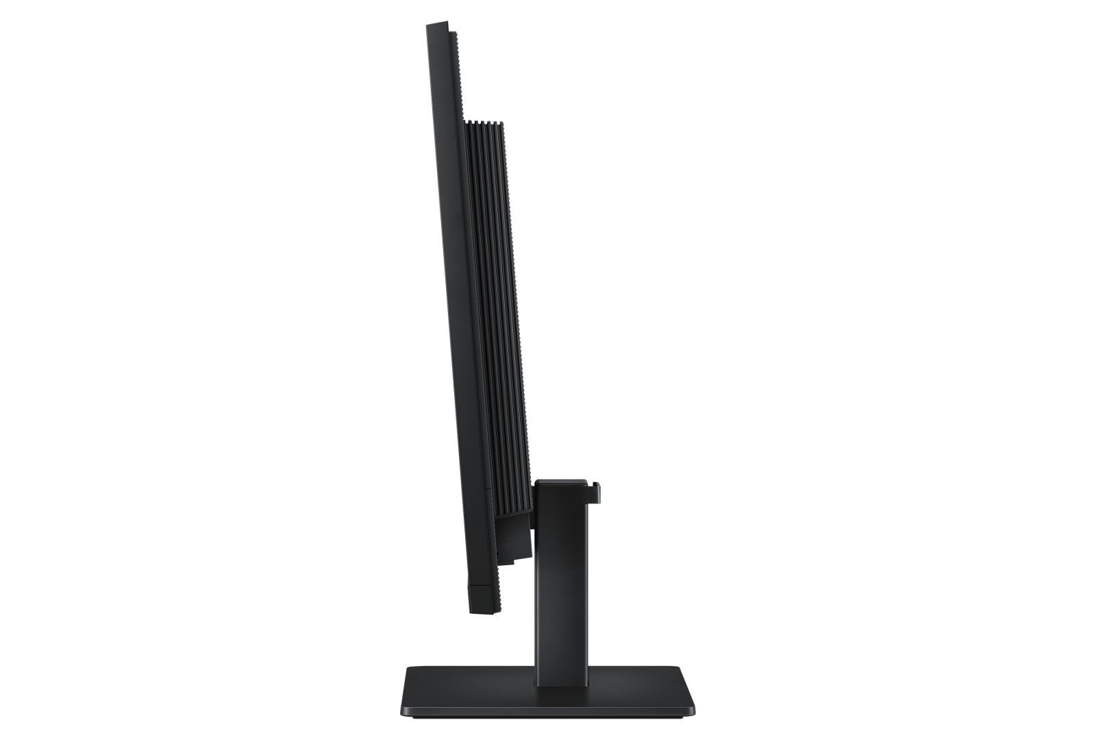 Vista laterale di un monitor di computer nero su supporto con sfondo bianco.