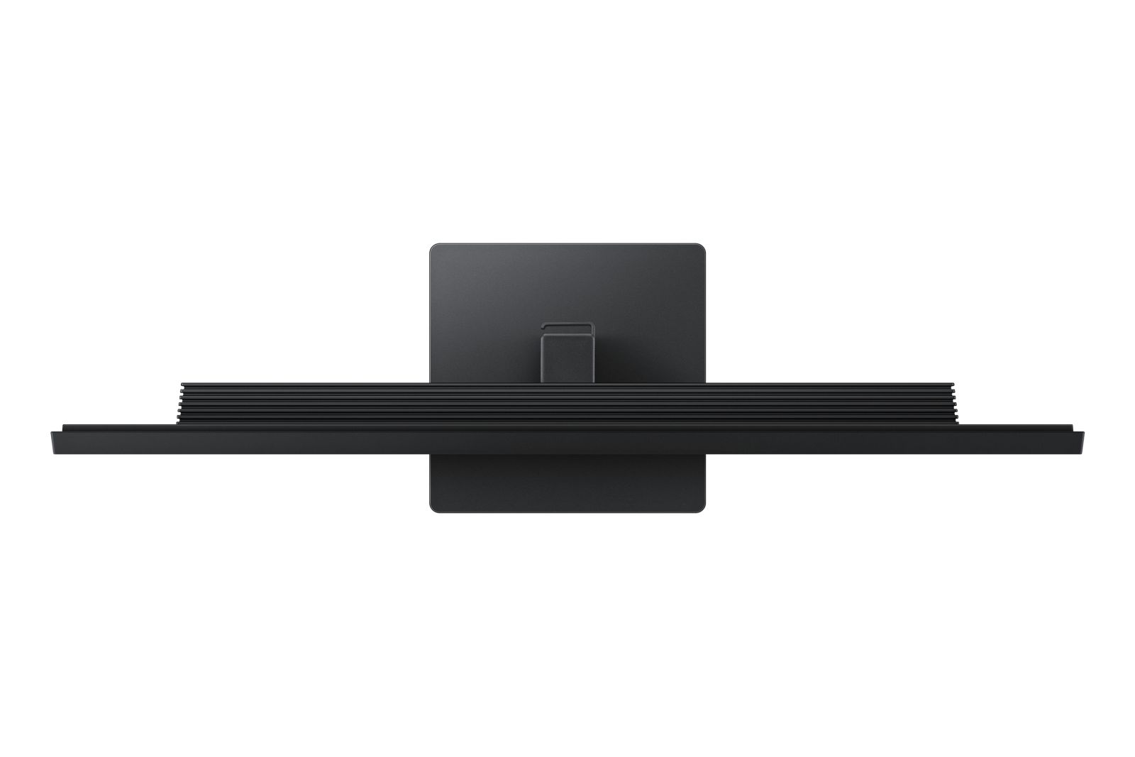 Vista dall'alto di un monitor nero con supporto rettangolare su sfondo bianco.