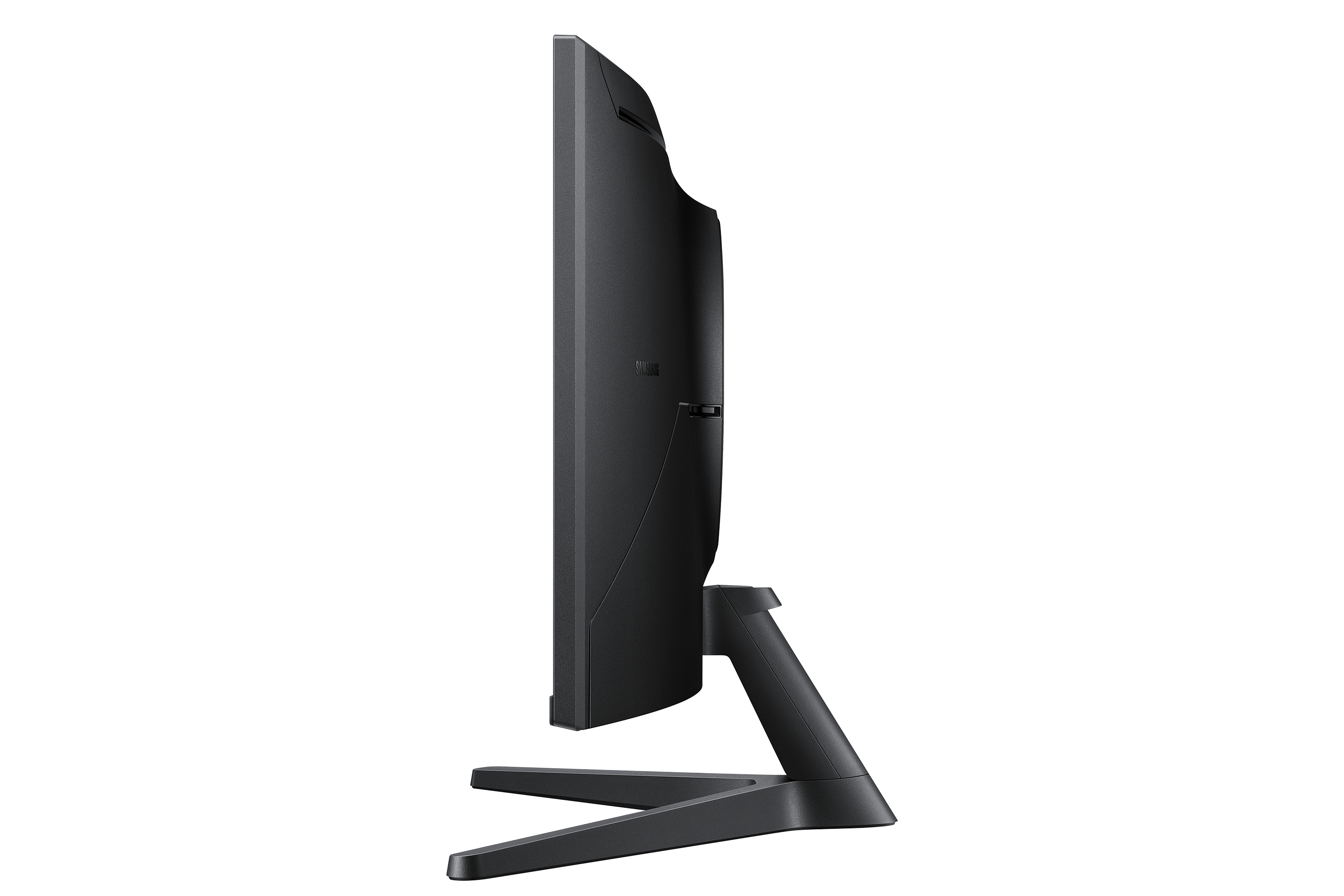 Vista laterale di un monitor Samsung nero curvo con supporto a treppiede su sfondo bianco.