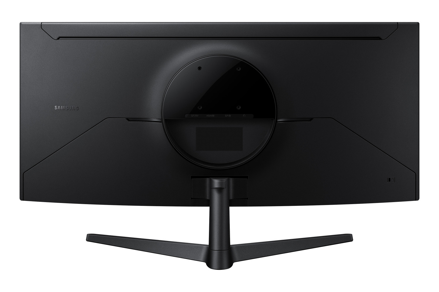 Vista posteriore di un monitor Samsung nero con supporto circolare e base a Y.