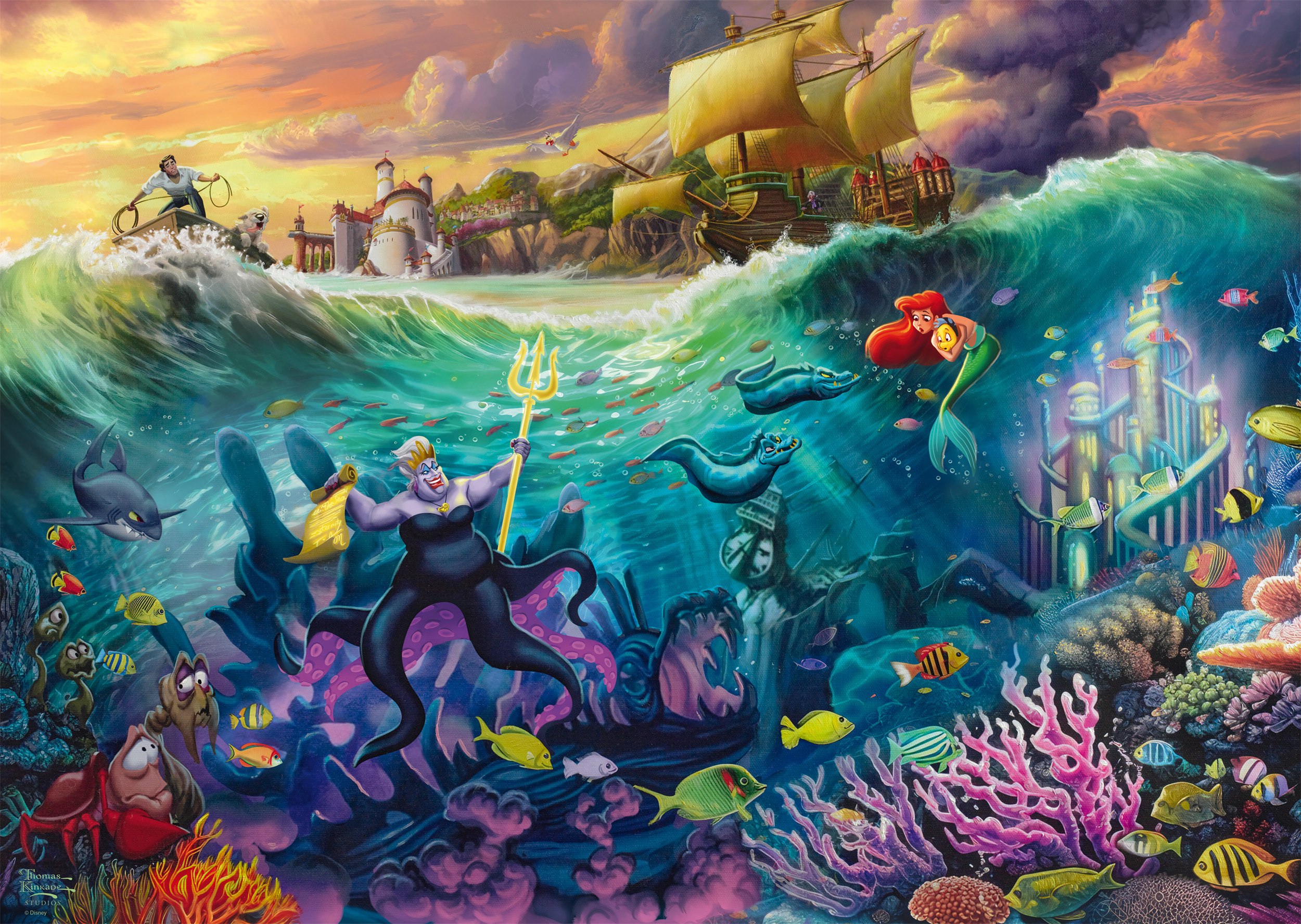 Szene aus Arielle unter Wasser mit Ursula, Arielle, Meeresbewohnern, einem Schloss und einem Schiff im Sturm.