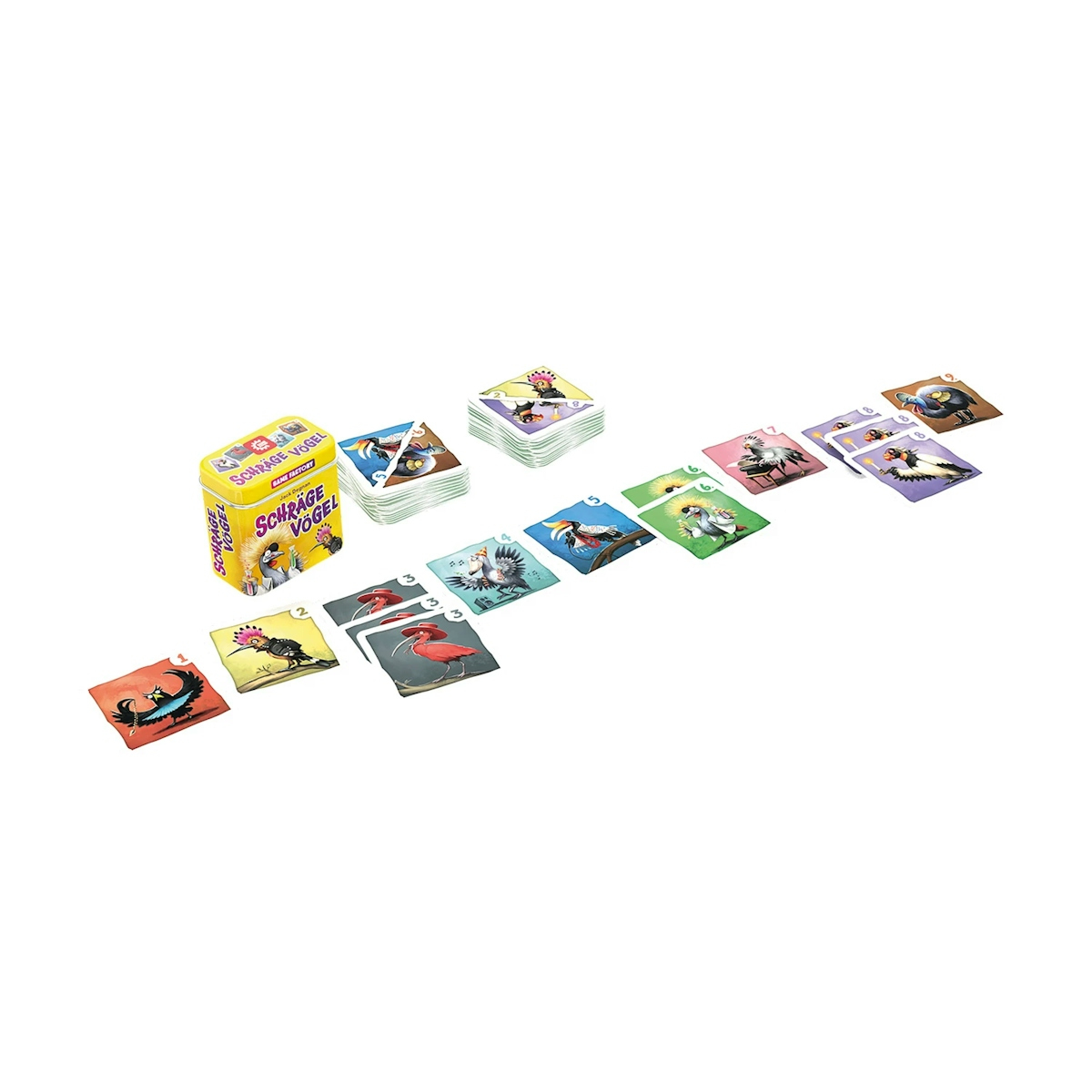 Un jeu de cartes nommé Schräge Vögel avec une boîte jaune et des cartes illustrées d'oiseaux.