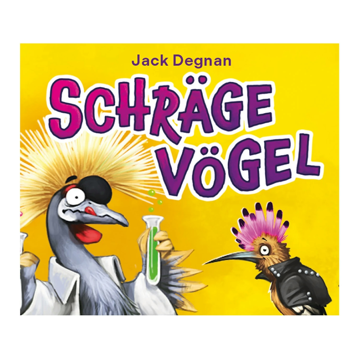 Couverture du livre Schräge Vögel avec deux drôles d'oiseaux, l'un à crête jaune et tube à essai, sur fond jaune.