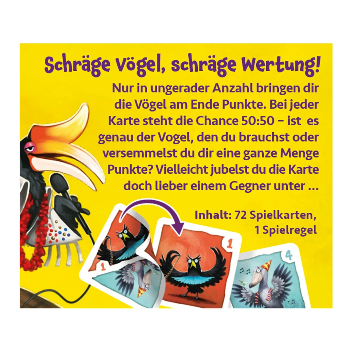 Couverture de jeu de cartes jaune avec oiseau coloré, règles allemandes et cartes.