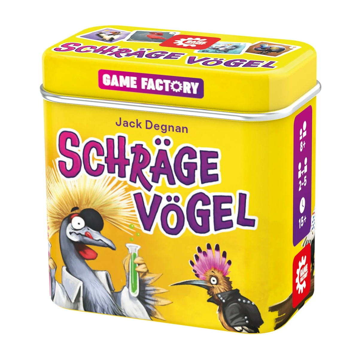 Boîte métallique jaune pour le jeu de cartes Schräge Vögel avec des illustrations d'oiseaux.