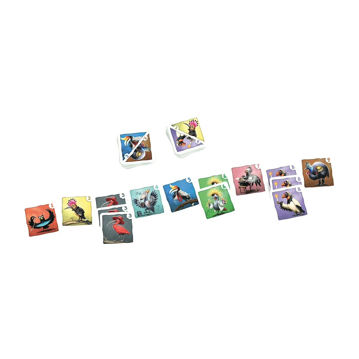 Jeu de cartes coloré étalé sur fond blanc avec des illustrations d'animaux et des numéros de 1 à 9.