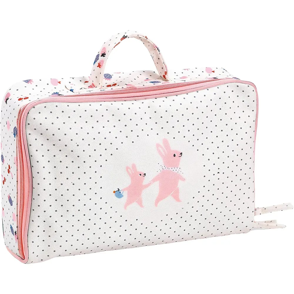 Trousse de toilette blanche à pois gris, fermeture rose, poignée et deux lapins roses imprimés.