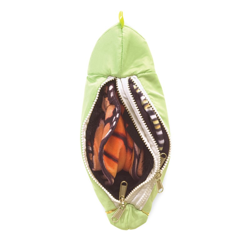 Un sac de couchage vert clair entrouvert révèle une couverture pliée à motif de papillon monarque.