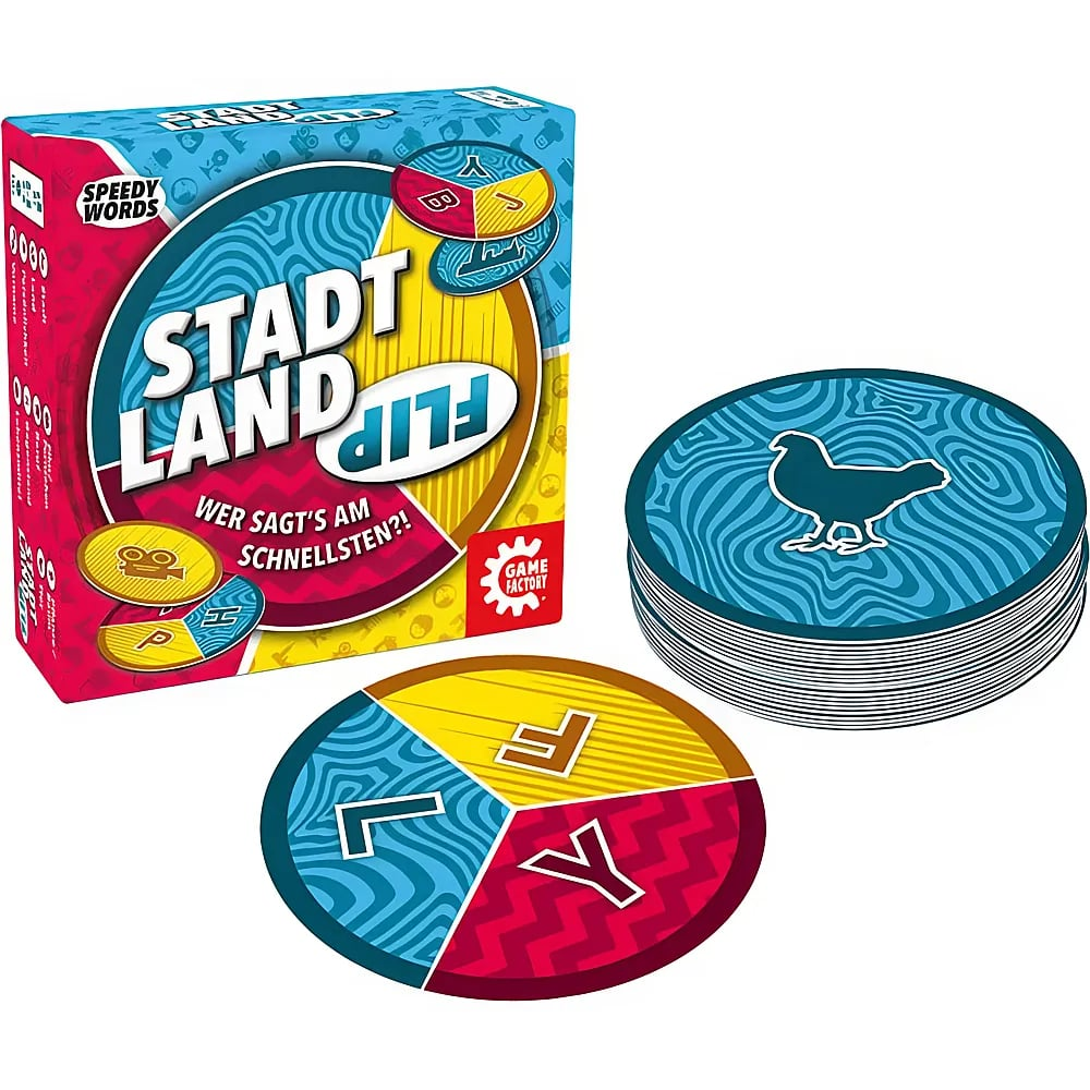 Boîte de jeu "Stadt Land Flip" avec des cartes rondes colorées à côté sur fond blanc.