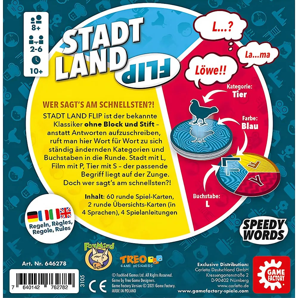 Dos de la boîte de jeu Stadt Land Flip montrant les règles et des graphismes colorés.