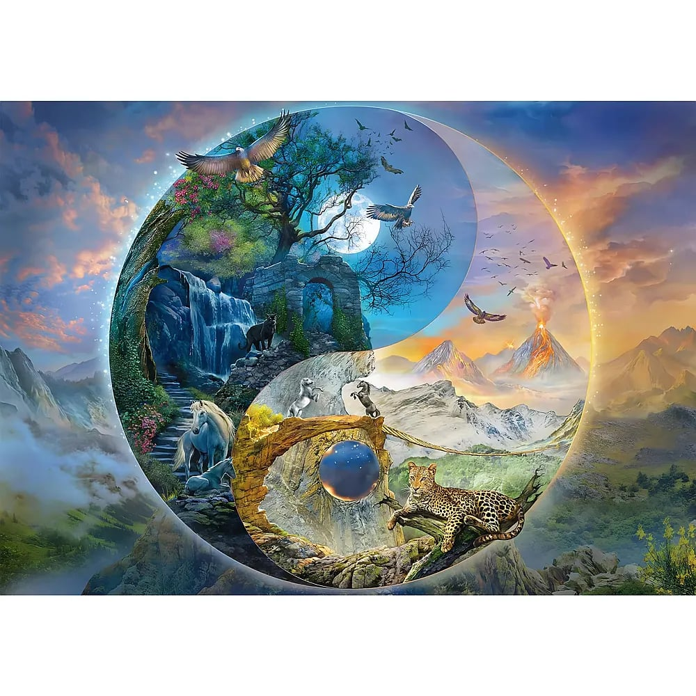 Ein Yin-Yang-Symbol zeigt eine Nachtseite mit Tieren und Wasser und eine Tagseite mit Vulkan und Sonne.