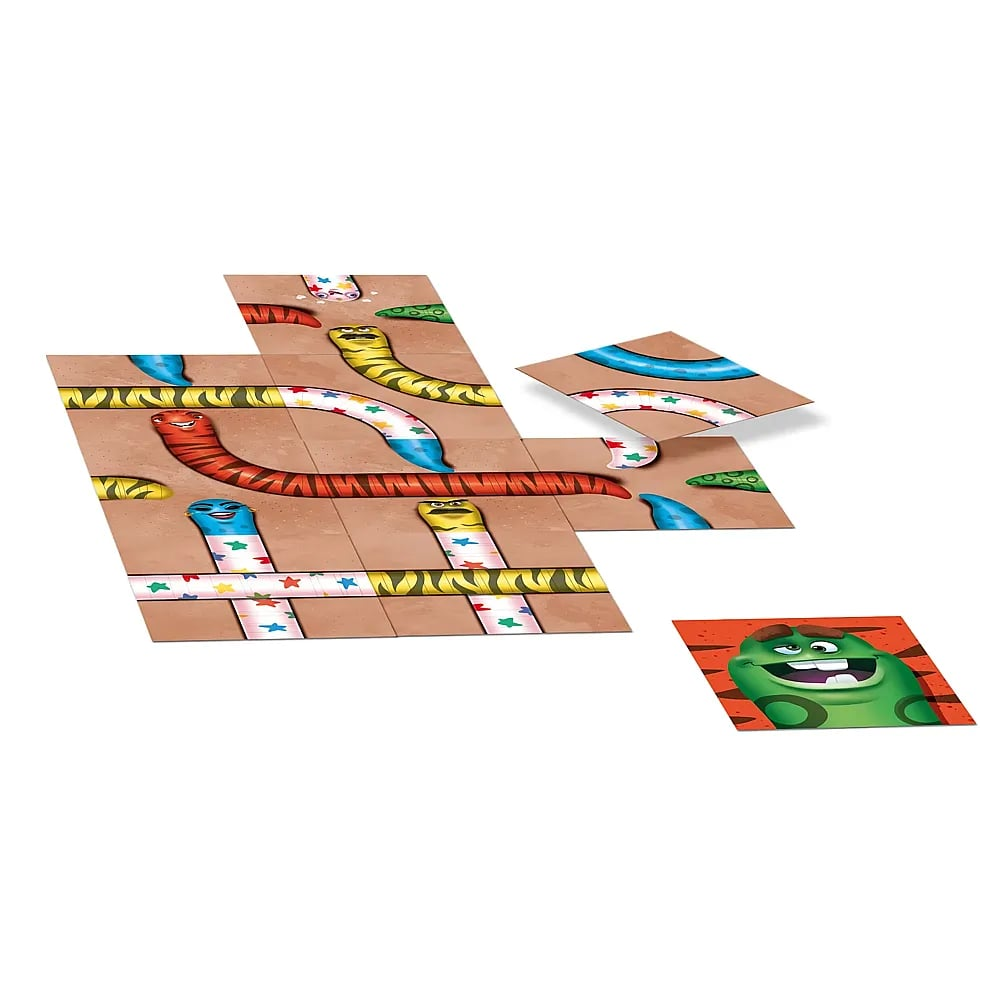 Un plateau de jeu avec des créatures colorées ressemblant à des vers, des tuiles et des cartes.