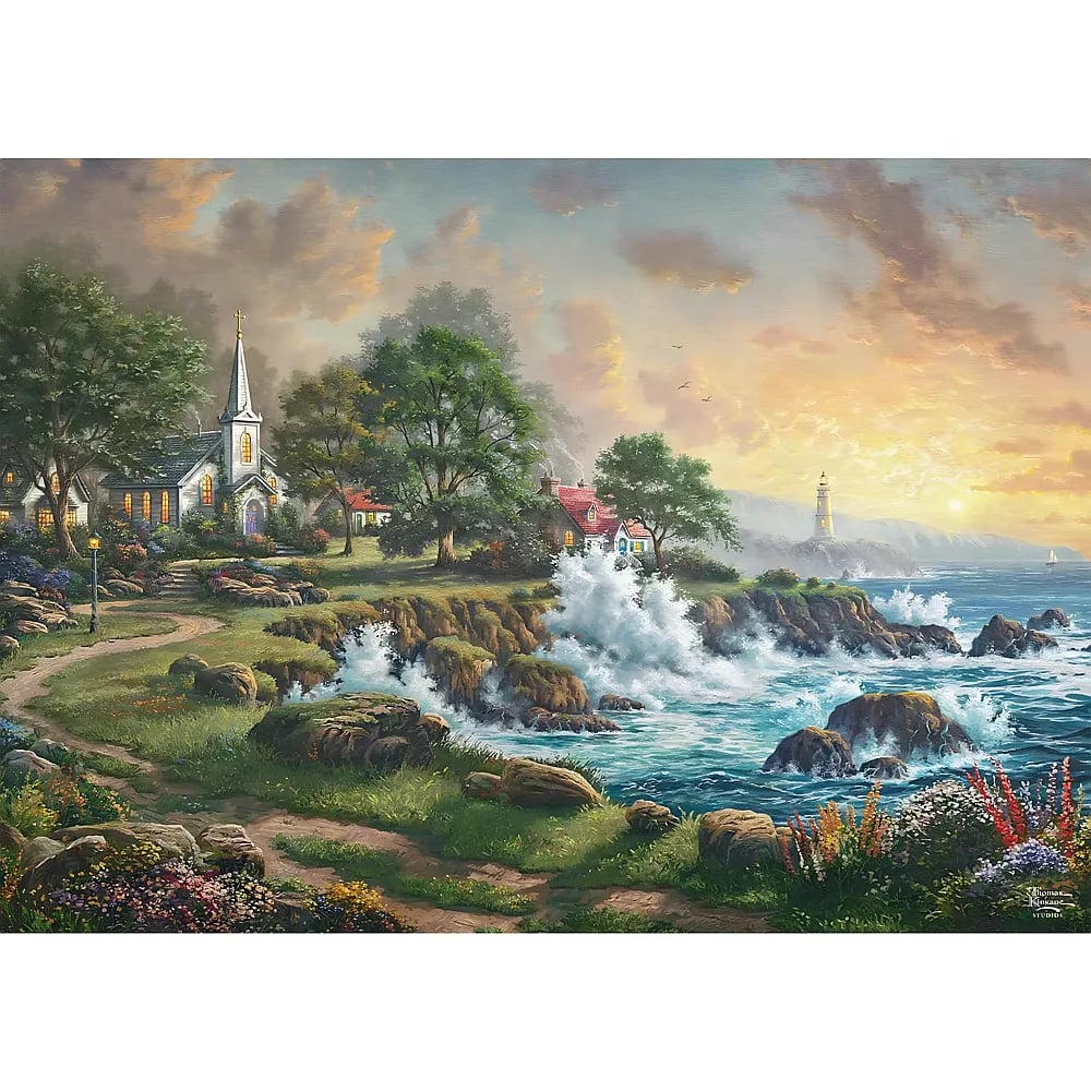 Küstenszene bei Sonnenuntergang mit einer Kirche, brausenden Wellen gegen Felsen und einem Leuchtturm in der Ferne.