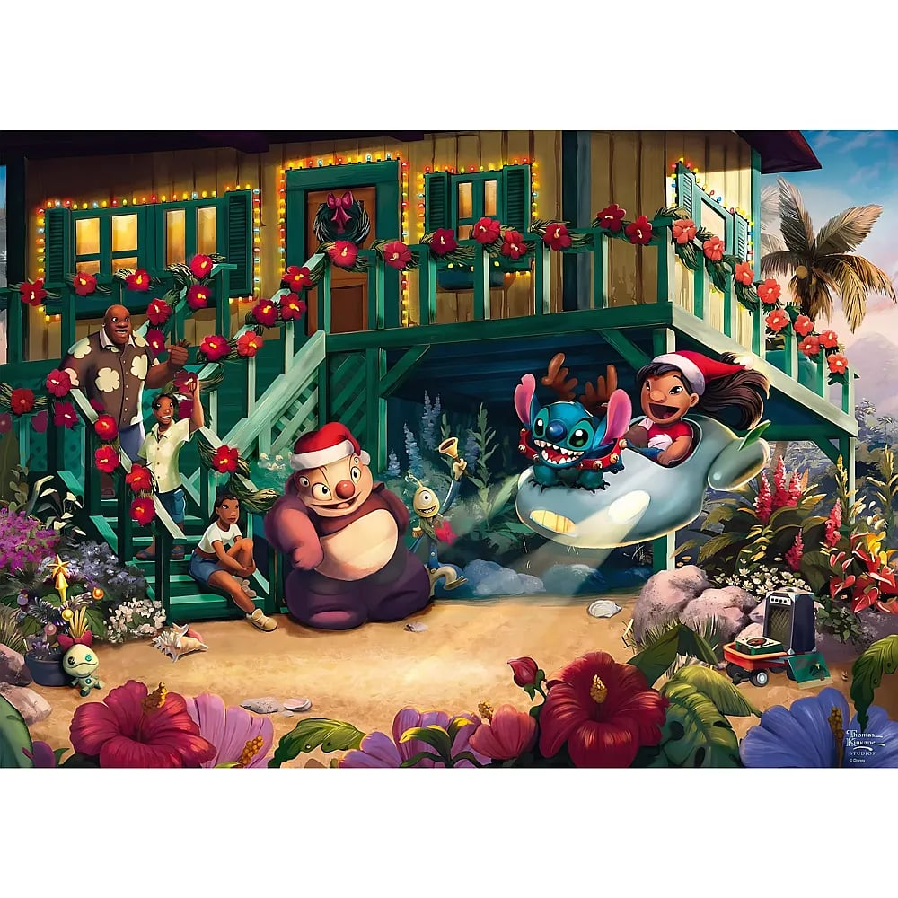 Lilo und Stitch feiern Weihnachten mit Freunden vor einem geschmückten tropischen Haus.