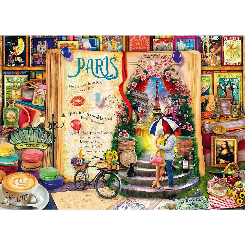 Ein großes aufgeschlagenes Paris-Buch zeigt Buchläden, eine Straßenszene mit Eiffelturm, ein Paar und Kaffee.