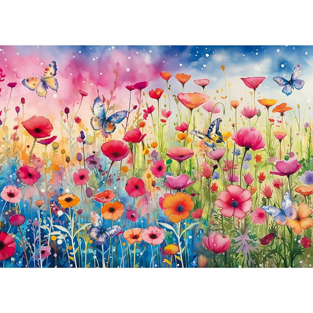 Wassermalerei von bunten Blumen und Schmetterlingen vor einem farbenfrohen Hintergrund.