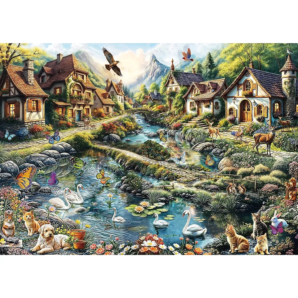 Ein lebendiges Dorf mit Fluss, Schwänen, Schmetterlingen, Rehen, Katzen und Hunden vor grünen Bergen.