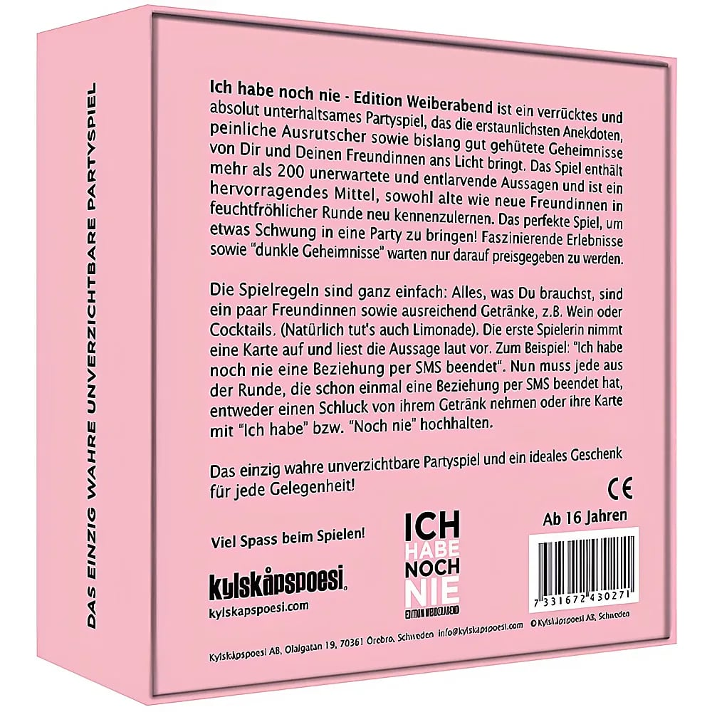 Boîte rose d'un jeu de société allemand avec texte, code-barres et logo.