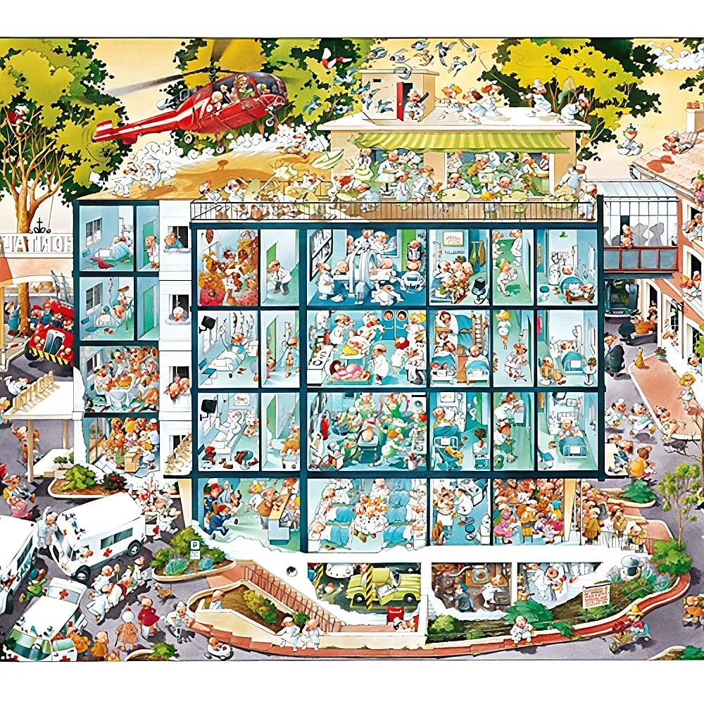 Wimmelbild eines bunten Krankenhauses mit vielen Patienten, Ärzten, Rettungswagen und einem Hubschrauber.