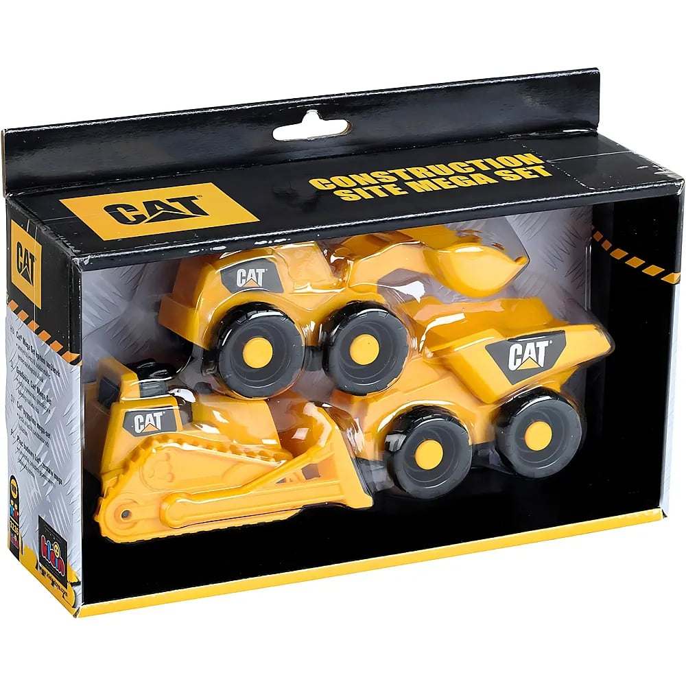 Un mega set da cantiere CAT giallo con veicoli giocattolo all'interno di una confezione nera.