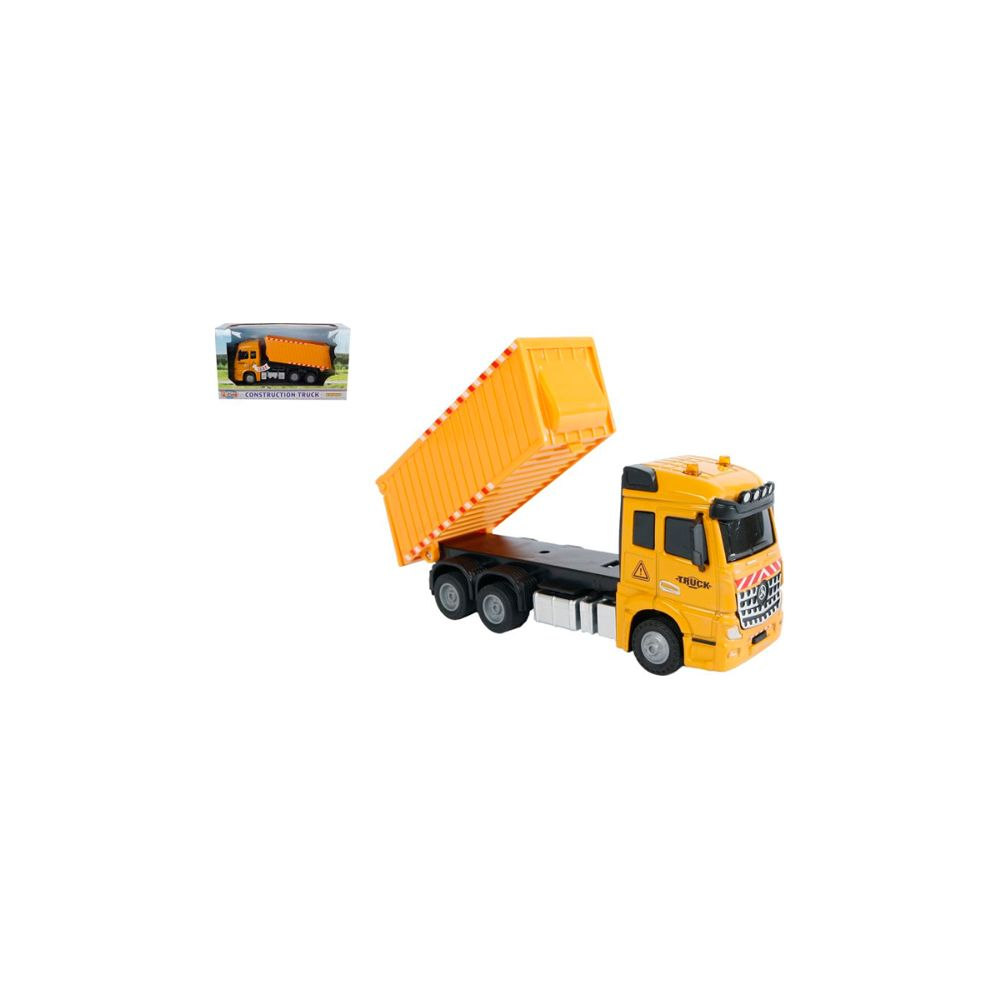 Un camion giocattolo giallo con contenitore sollevato e piccola scatola di imballaggio.
