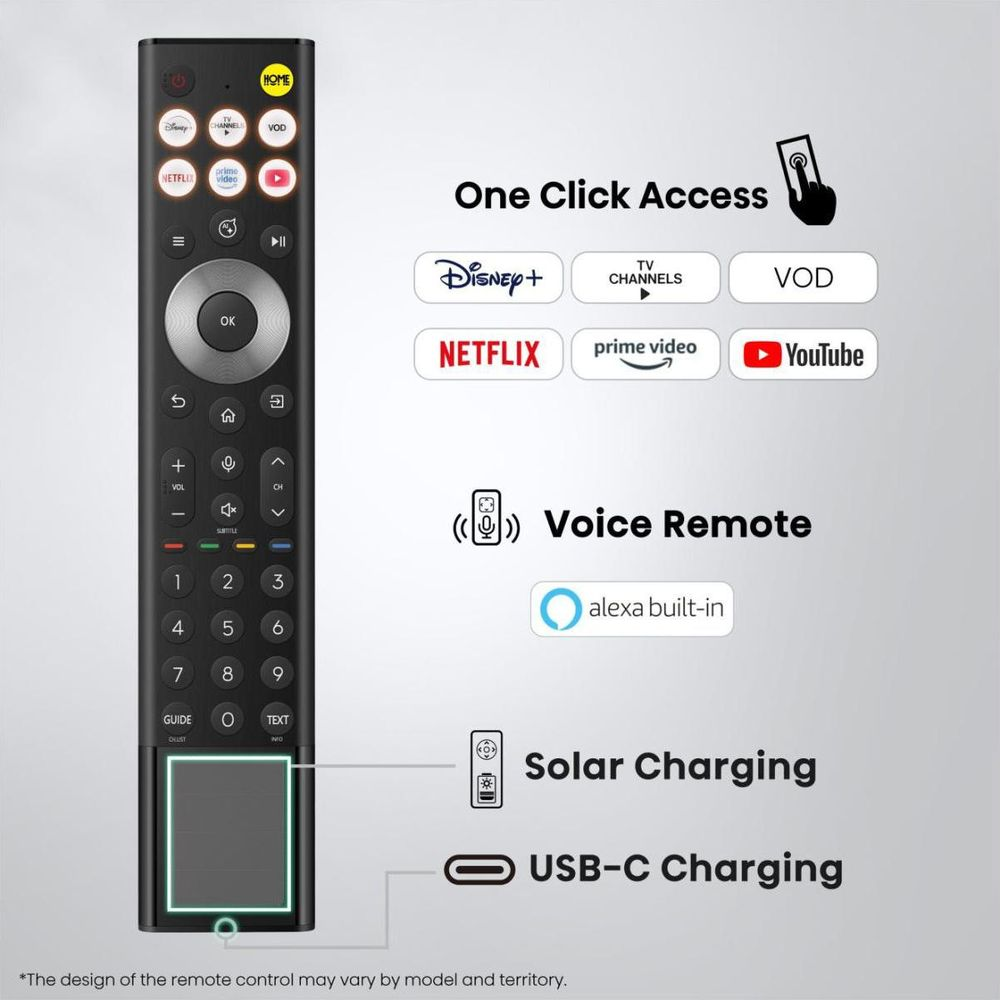 Une télécommande noire avec des étiquettes indiquant l'accès direct, la commande vocale et la charge solaire/USB-C.