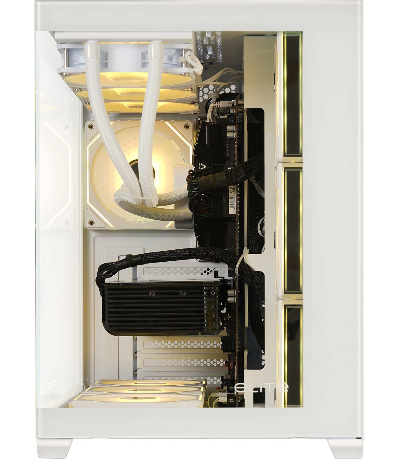 Vue intérieure d'un boîtier de PC blanc avec des ventilateurs jaunes lumineux, des tubes de refroidissement et des composants.