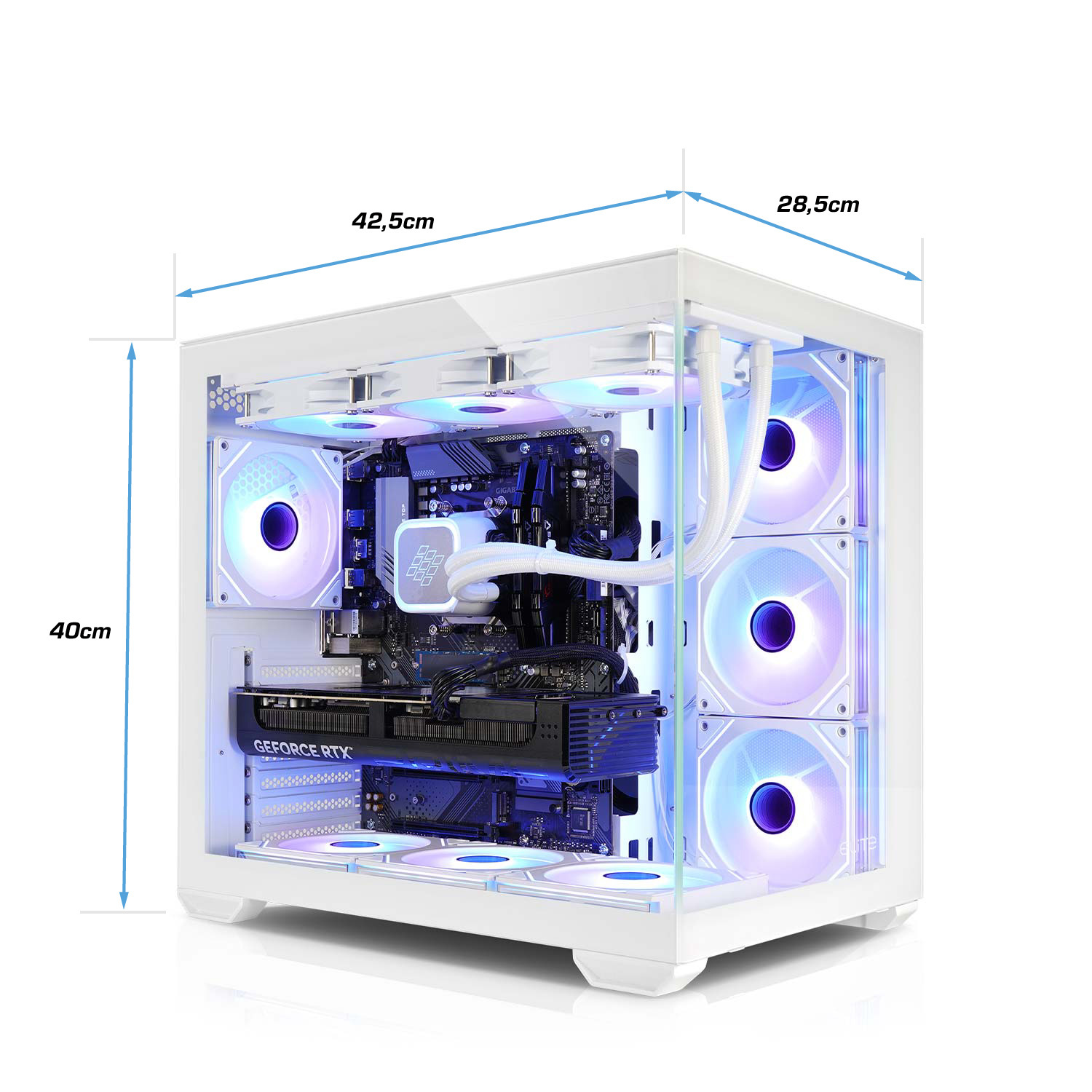 PC de jeu blanc avec ventilateurs RGB et dimensions 42.5x28.5x40 cm.