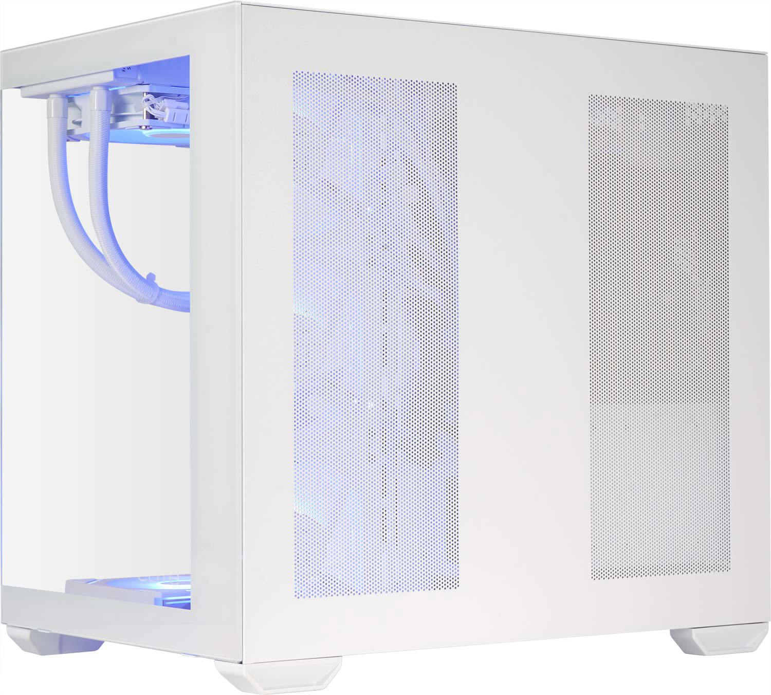 Un boitier PC blanc avec une façade en verre, un éclairage bleu interne et des panneaux perforés.