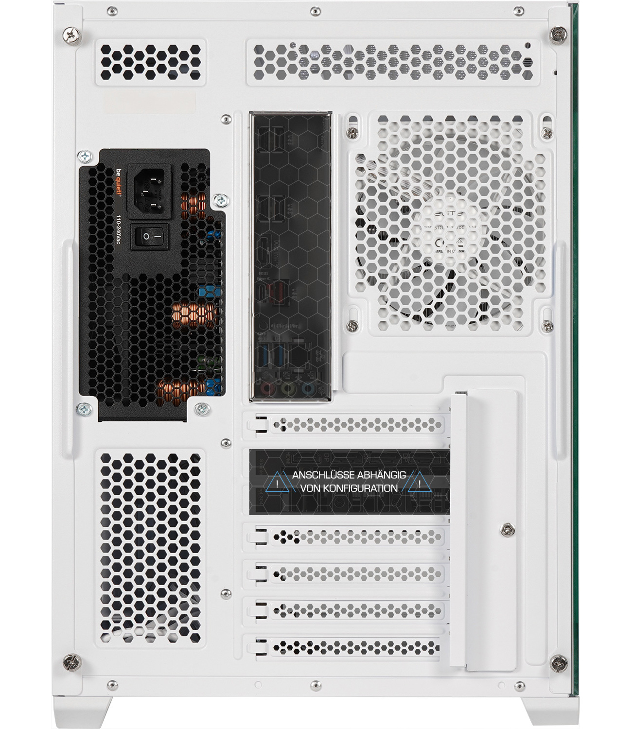 Vue arrière d'un boîtier de PC blanc avec alimentation, panneau E/S, ventilateur et emplacements.
