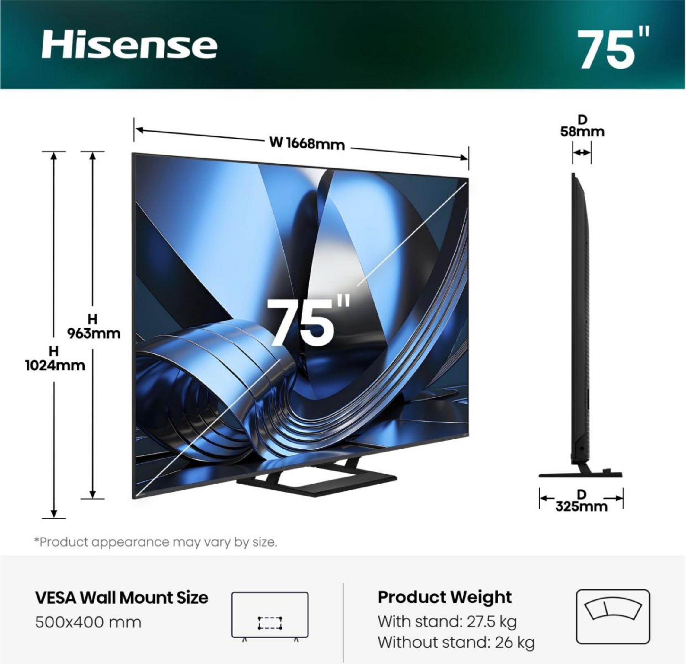 Dimensioni TV Hisense 75 pollici con larghezza 1668 mm, altezza 963 mm, VESA 500x400 mm e peso 27,5 kg.