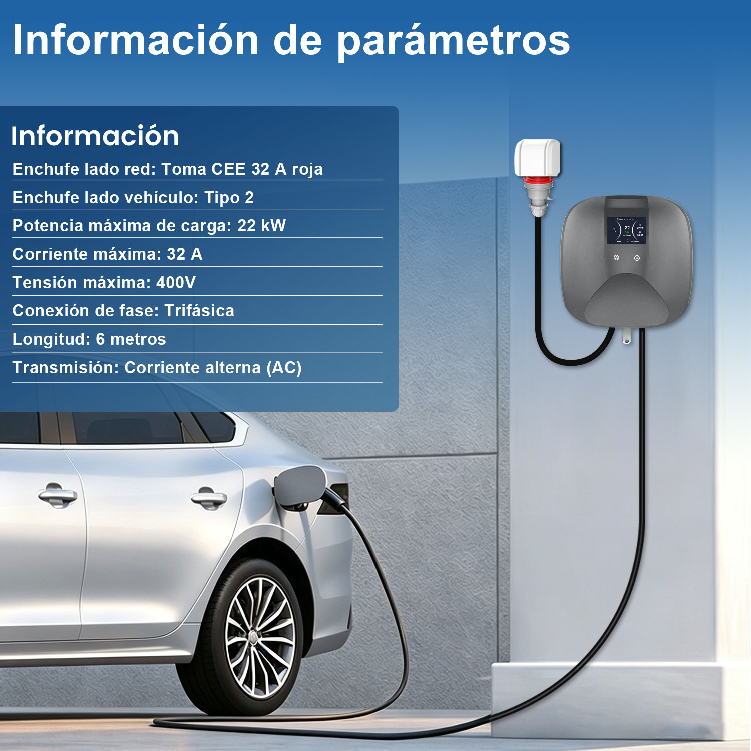 Un coche eléctrico cargando en un cargador de pared gris con información técnica.