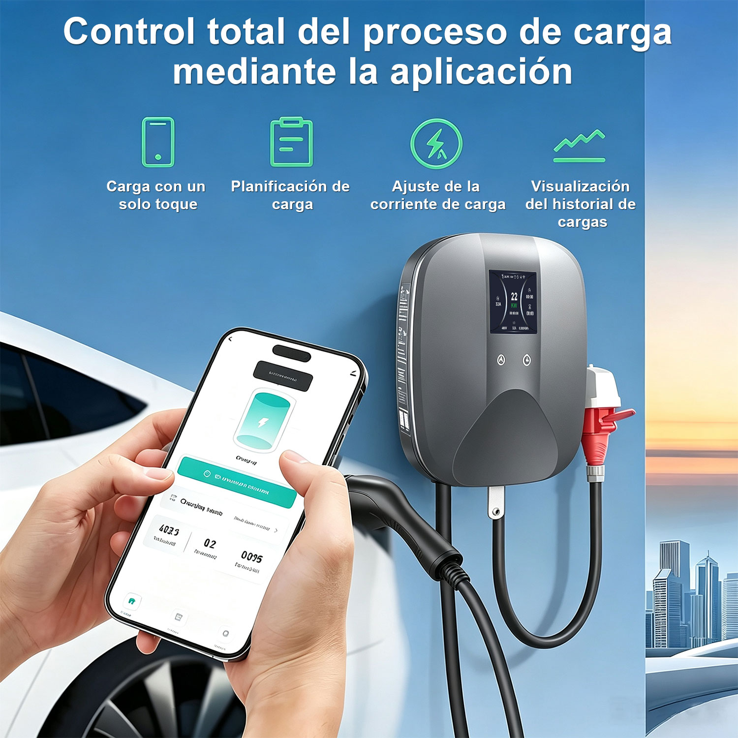 Aplicación móvil controla un cargador EV gris montado en una pared azul junto a un auto blanco.