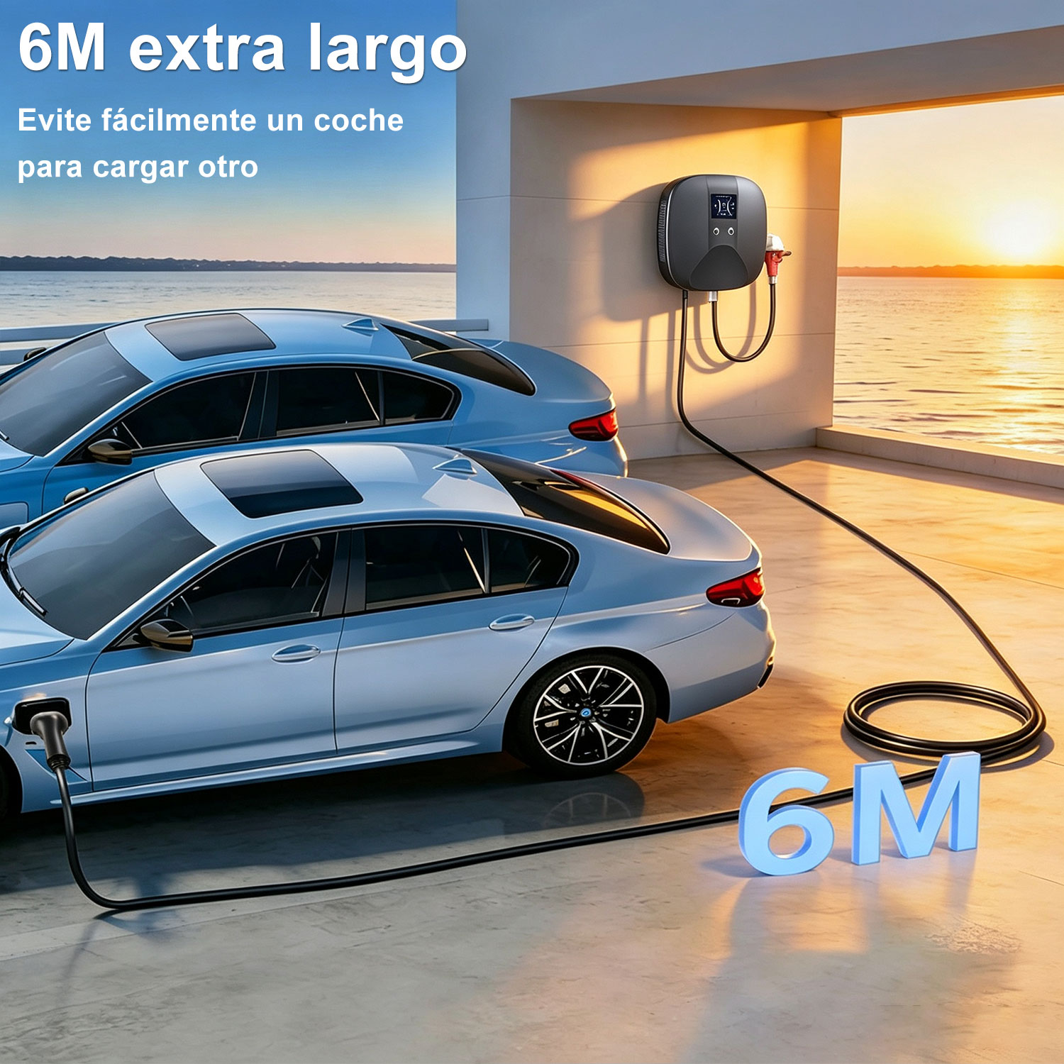 Dos coches azules cargando en una estación junto al agua, con un cable de 6 metros.