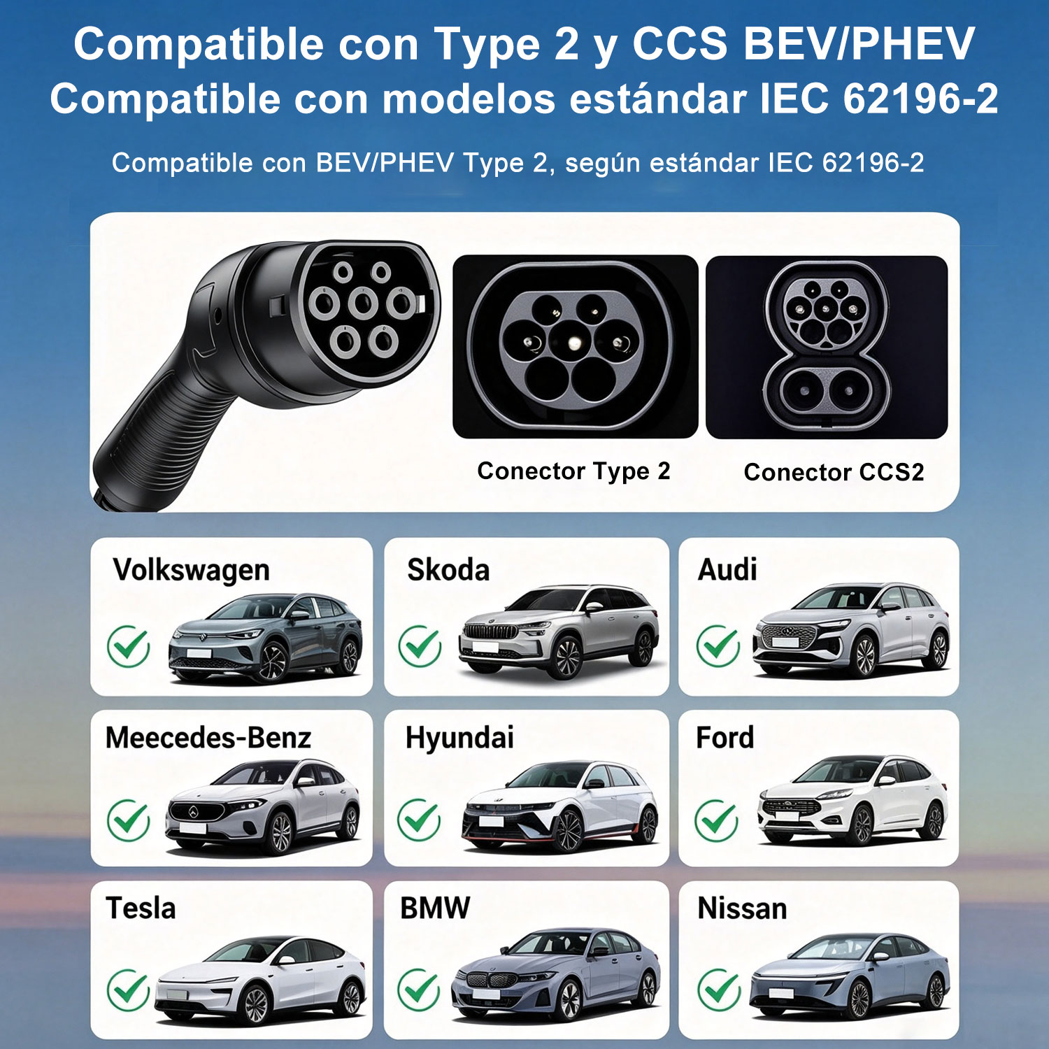 Conectores de cargador EV Tipo 2 y CCS2, compatibles con marcas de autos principales como Volkswagen, Audi y Tesla.