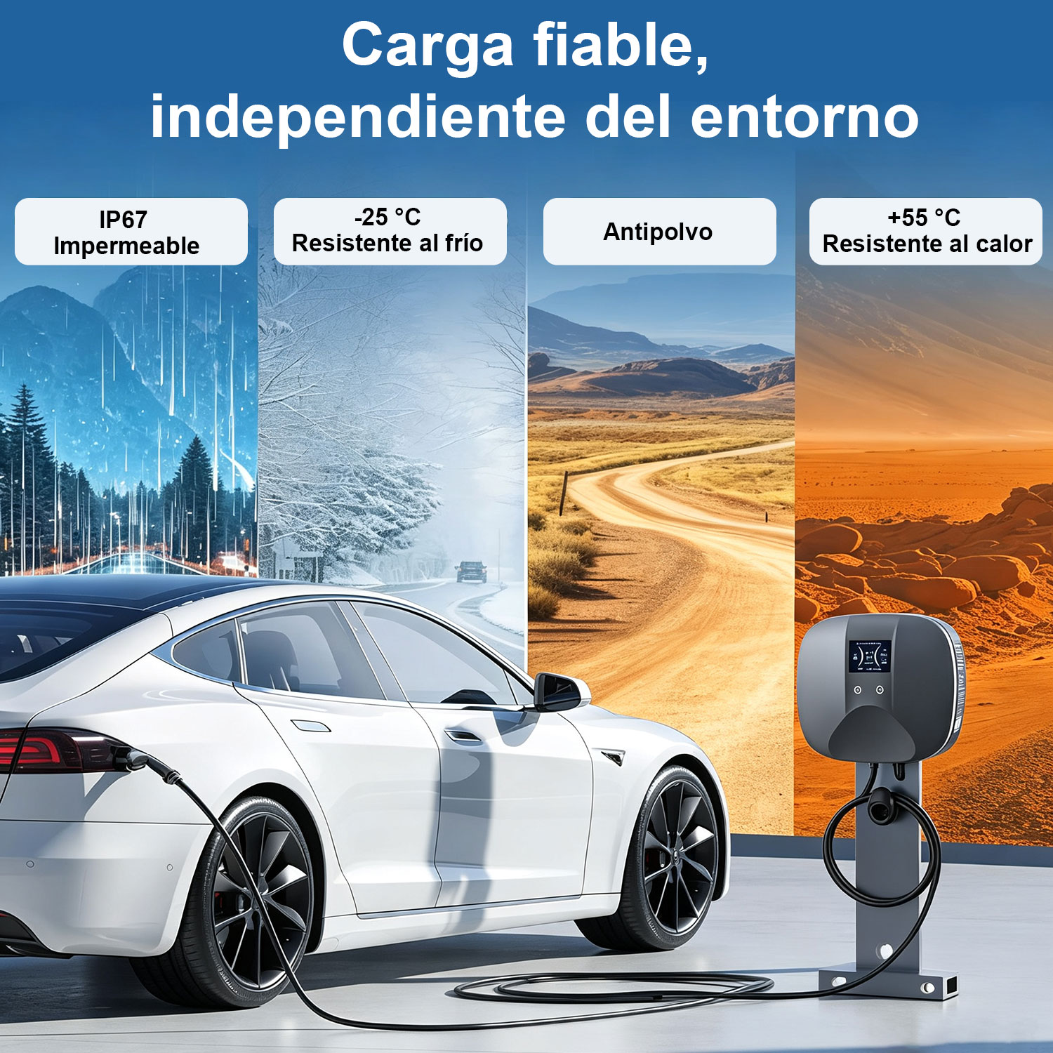 Un coche eléctrico blanco cargando al aire libre con cuatro paneles de fondo meteorológico.