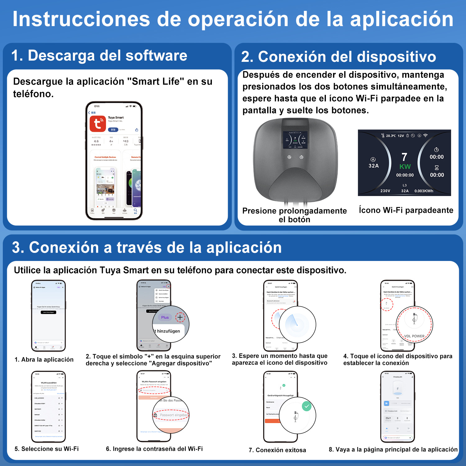 Guía de operación de la aplicación en tres pasos: descargar software, conectar dispositivo y vincular por aplicación.
