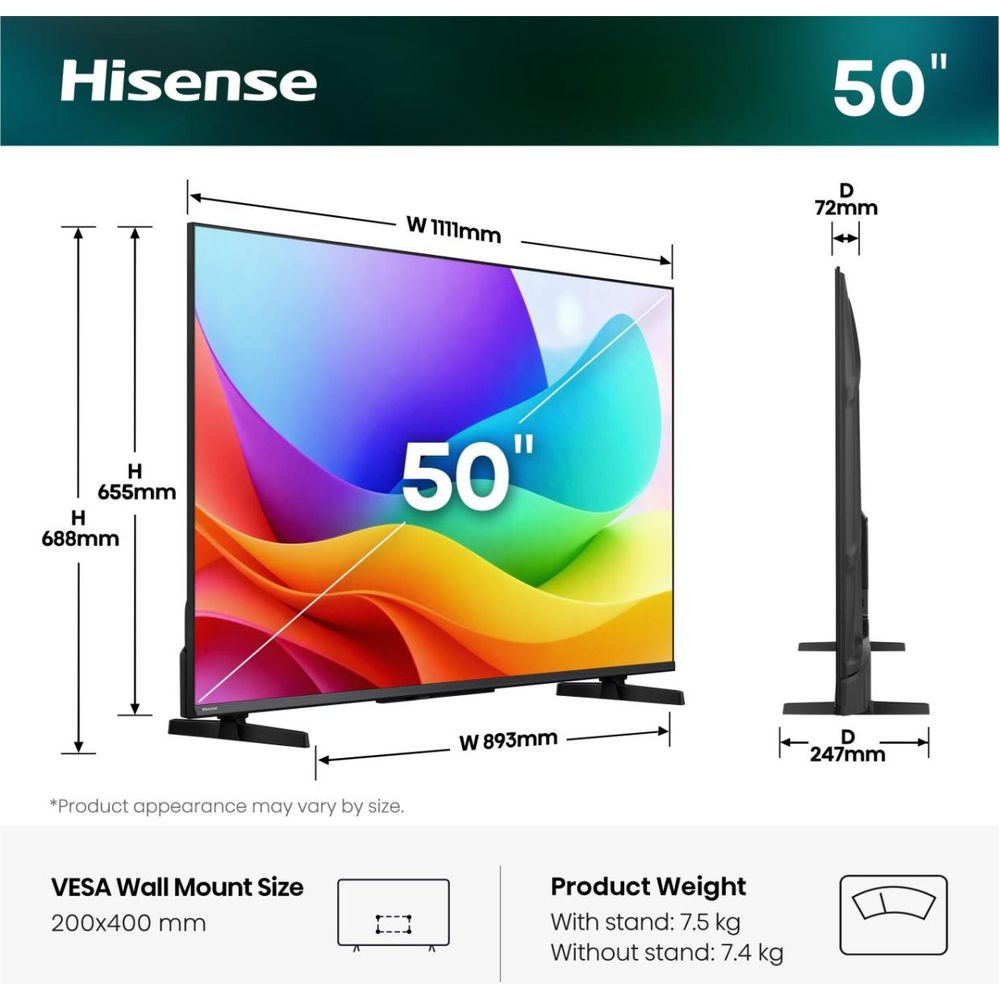 Dessin technique d'un téléviseur Hisense 50 pouces avec dimensions, taille VESA et poids.