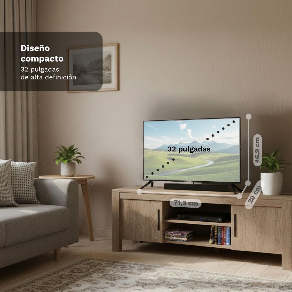 TV de 32 pulgadas en mueble de madera con medidas y texto.