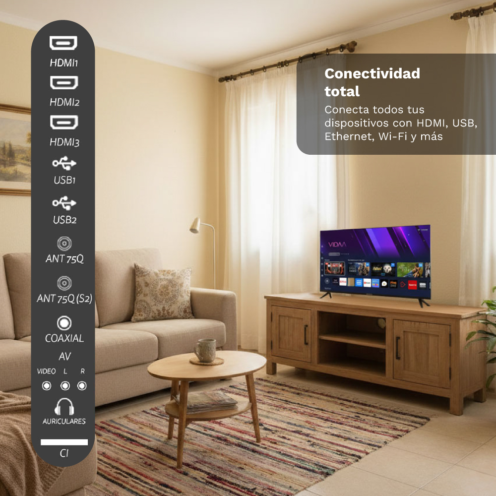 Salón con TV, puertos a la izquierda y texto en español a la derecha.