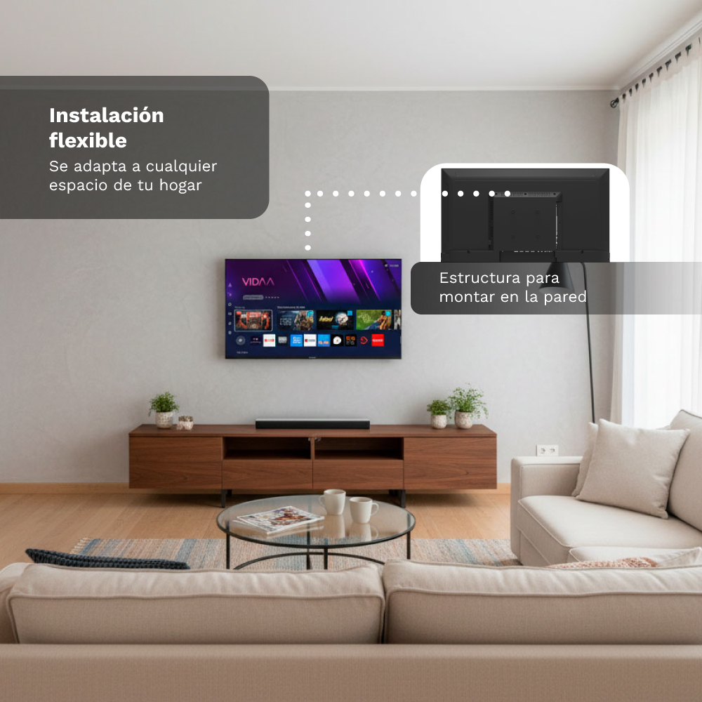 Sala con televisor montado en la pared, mueble, mesa de centro y sofá. Infografía destaca instalación flexible.