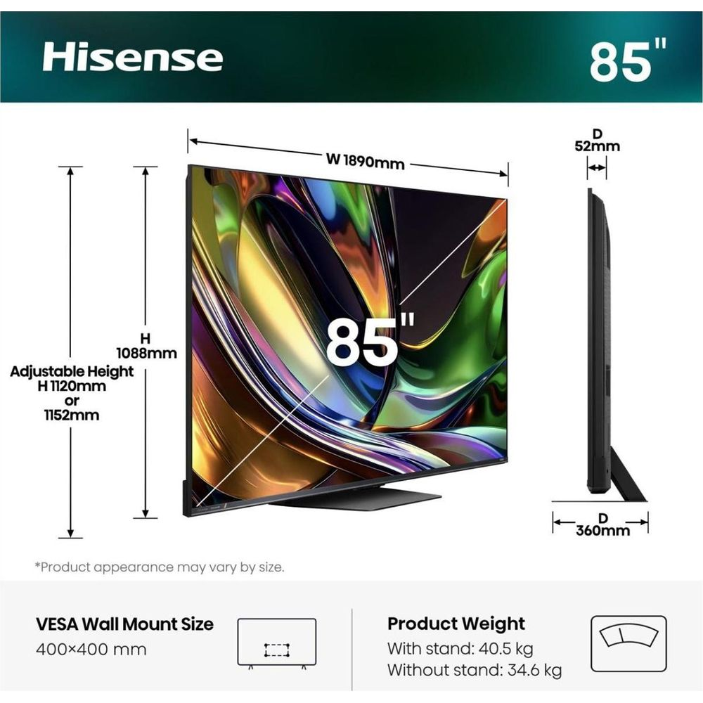 Diagramma che mostra dimensioni e peso di una TV Hisense da 85 pollici con VESA.