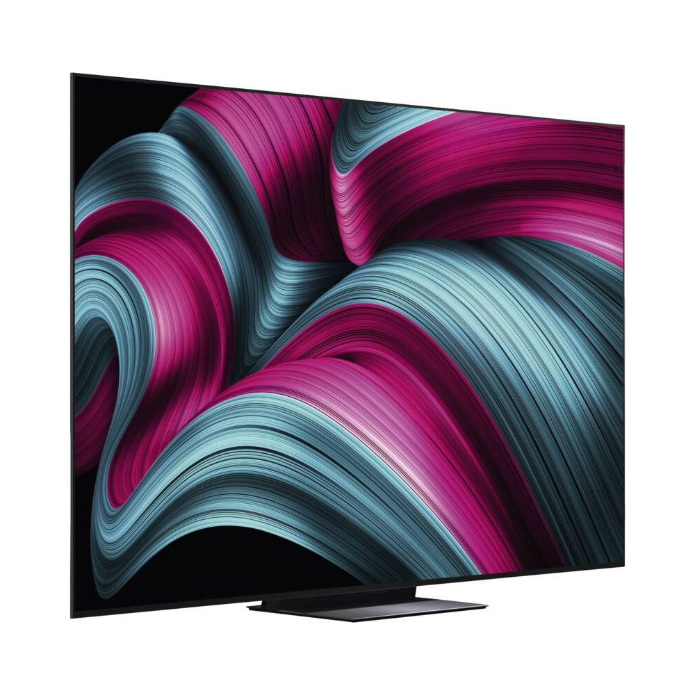 Televisore a schermo piatto con un display astratto colorato di linee ondulate rosa e blu.