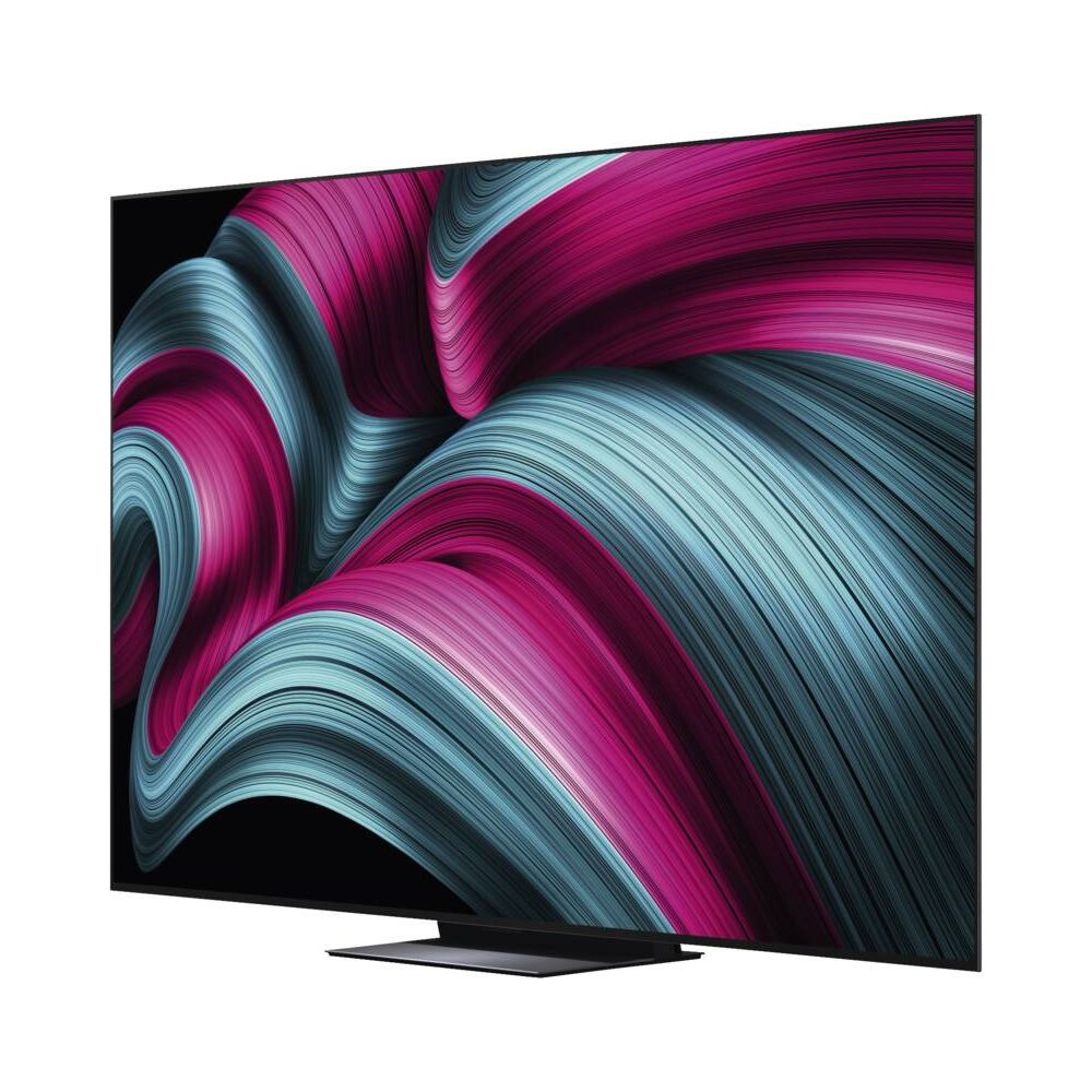 Televisore a schermo piatto con grafica astratta colorata di linee rosa e blu.