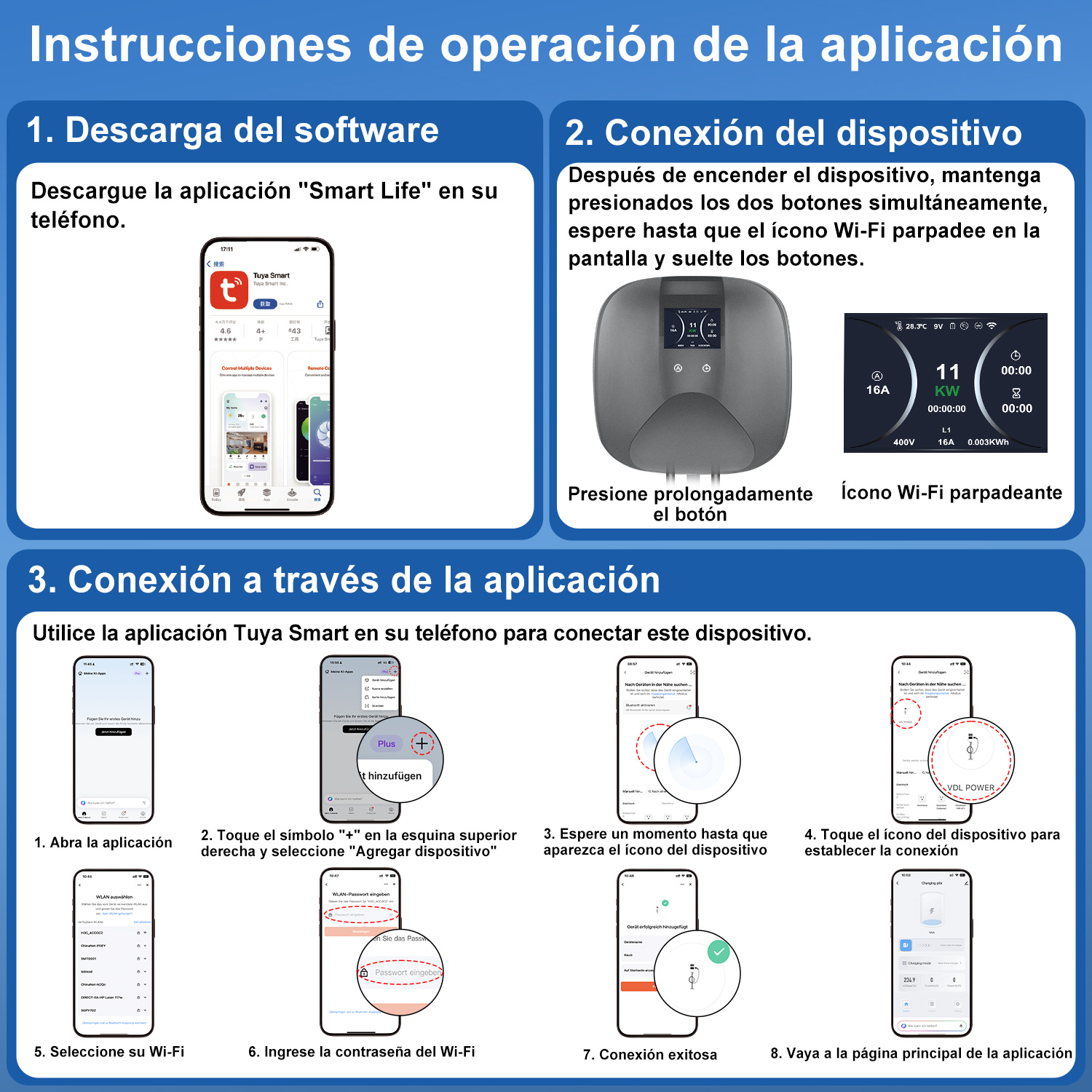 Instrucciones con los pasos para descargar, conectar y configurar la app Tuya Smart.
