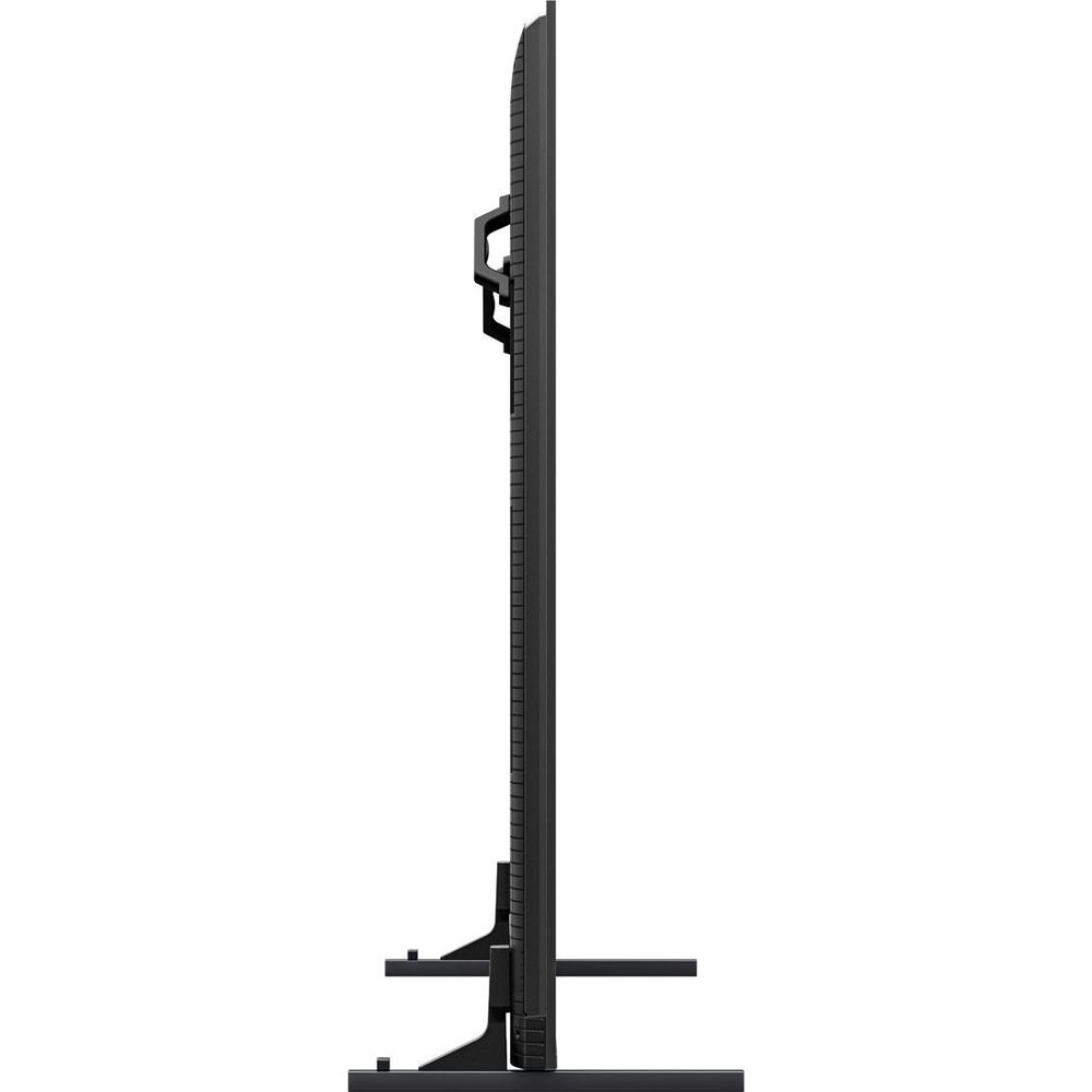 Un profil latéral d'un téléviseur à écran plat noir moderne avec un cadre fin et un support robuste.