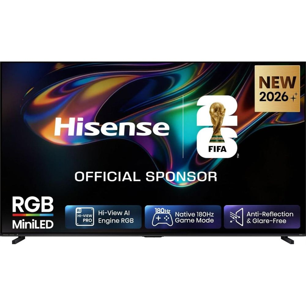 Téléviseur Hisense affichant un écran coloré, des logos FIFA et des fonctions RGB MiniLED.