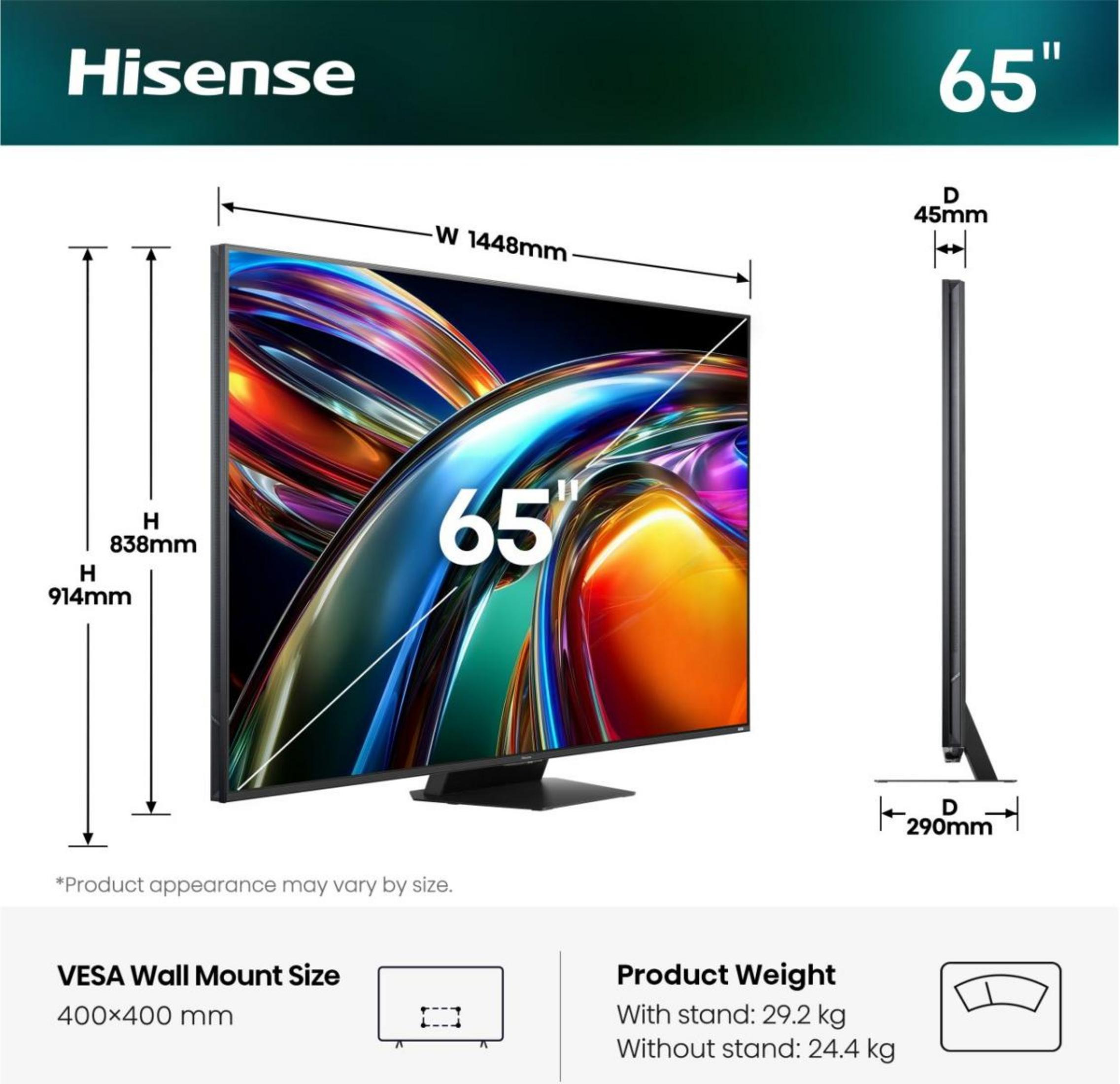 Téléviseur Hisense 65 pouces avec dimensions, poids et détails du support VESA sur fond blanc.